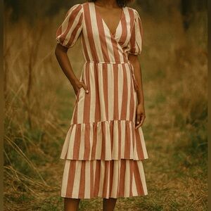 Knox Rose Burnt Red and White Striped Cotton Maxi Ruffle V-Neck Wrap Dress Med